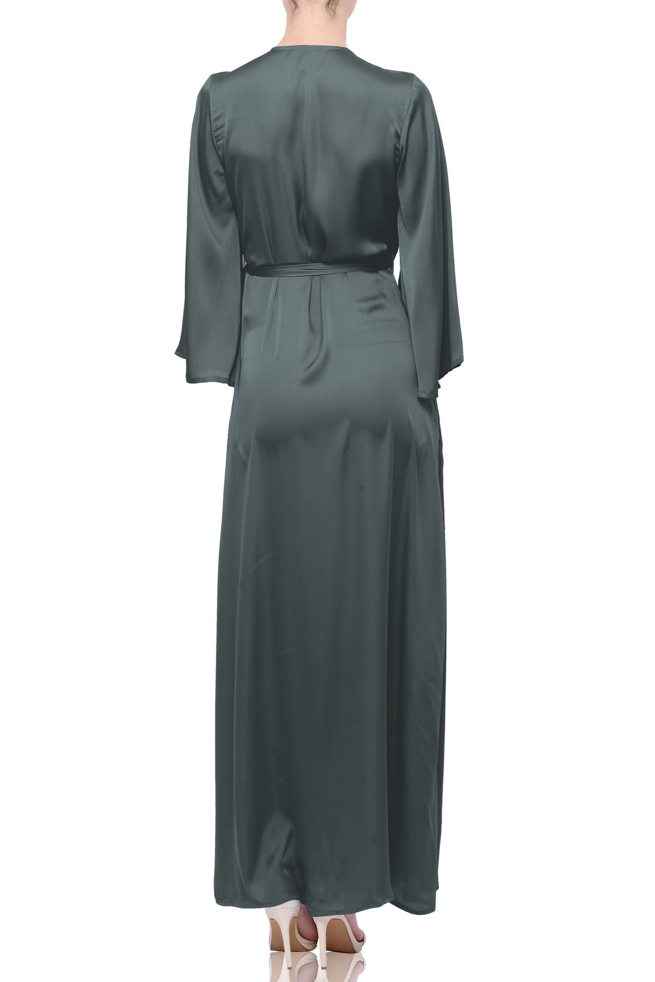 dark sage maxi dress S Dark Sage Long Sleeve Lightweight Wrap Dress for Tropical Travel