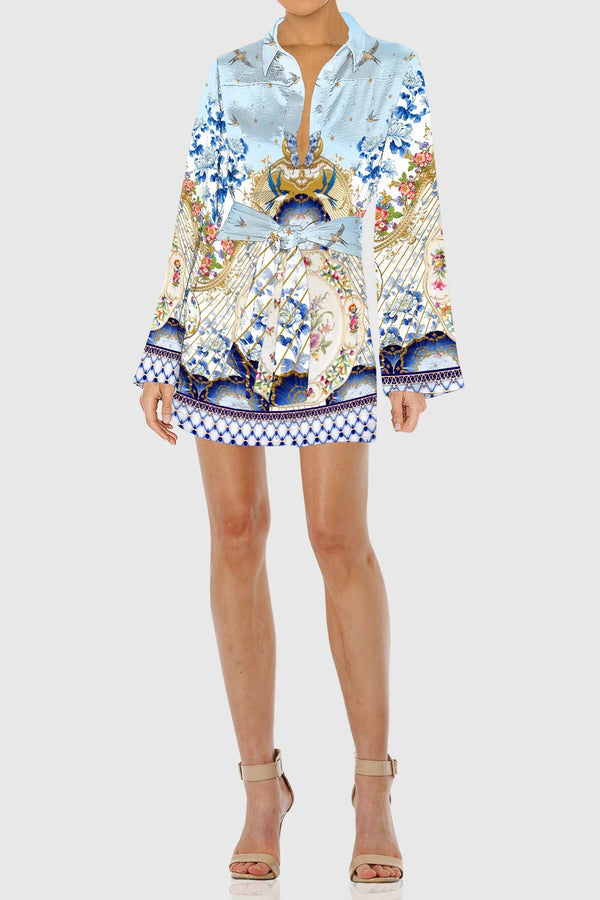 S Blue Long Sleeve Short Dress