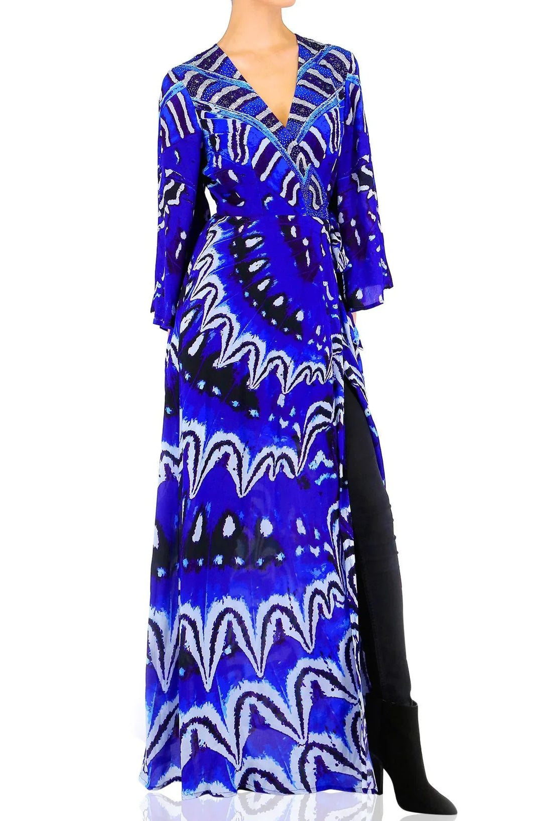 Blue Printed Wrap Maxi Dress with Sleeves