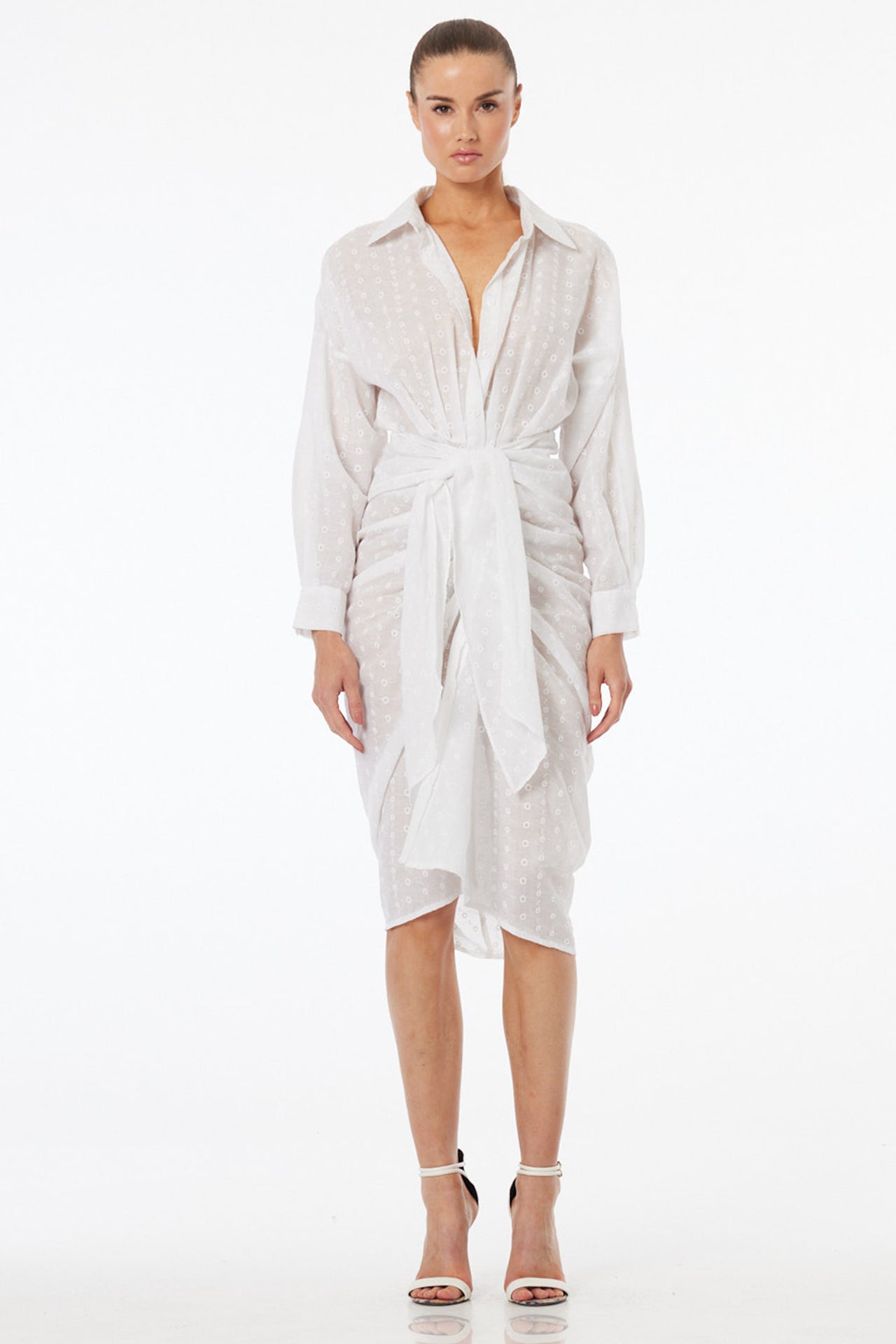 S White Draped Shirt Midi Dress with Waist Tie Detail, Relaxed Tailoring