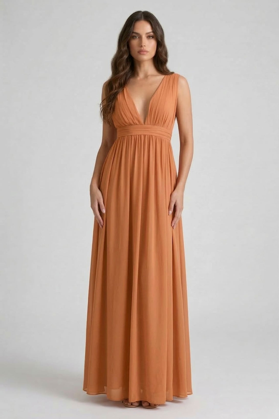 brown maxi dress formal Cinnamon Bridesmaid Dress V-Neck Rustic Maxi