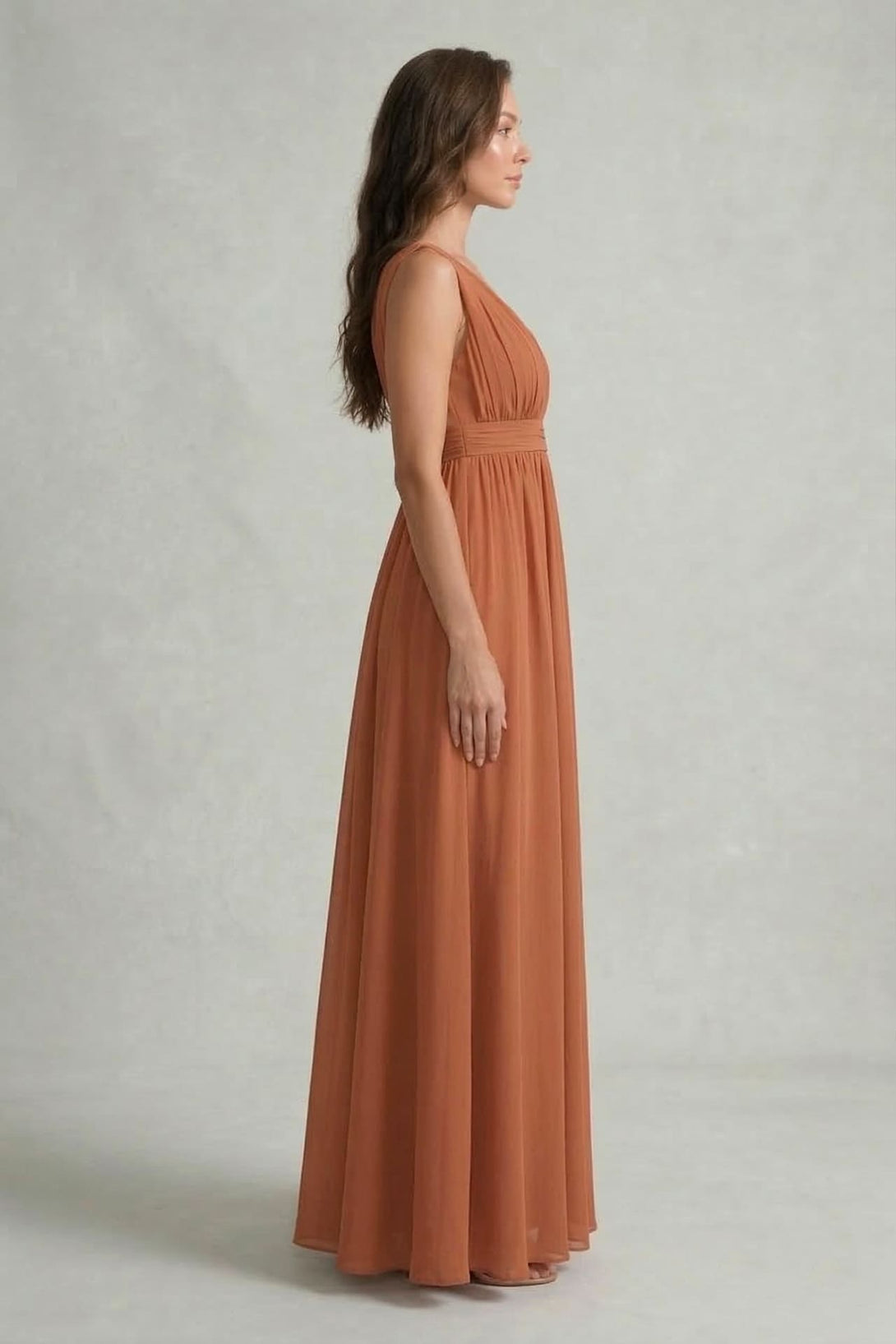 Copper Bridesmaid Dress V-Neck Metallic Maxi