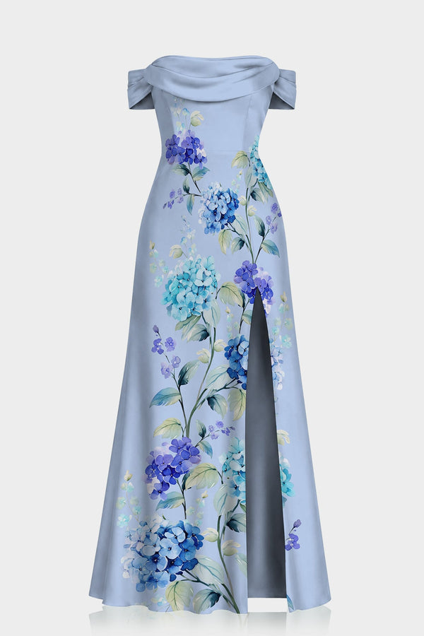 S Hydrangea Floral Print Satin Convertible Maxi Dress