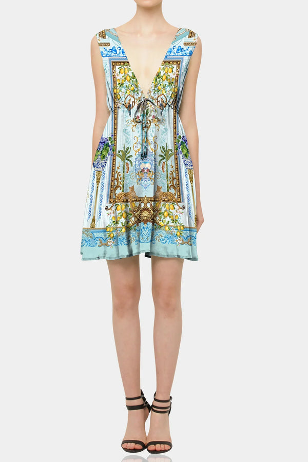 silk mini dress, short dress, plunging v neckline, Shahida Parides,