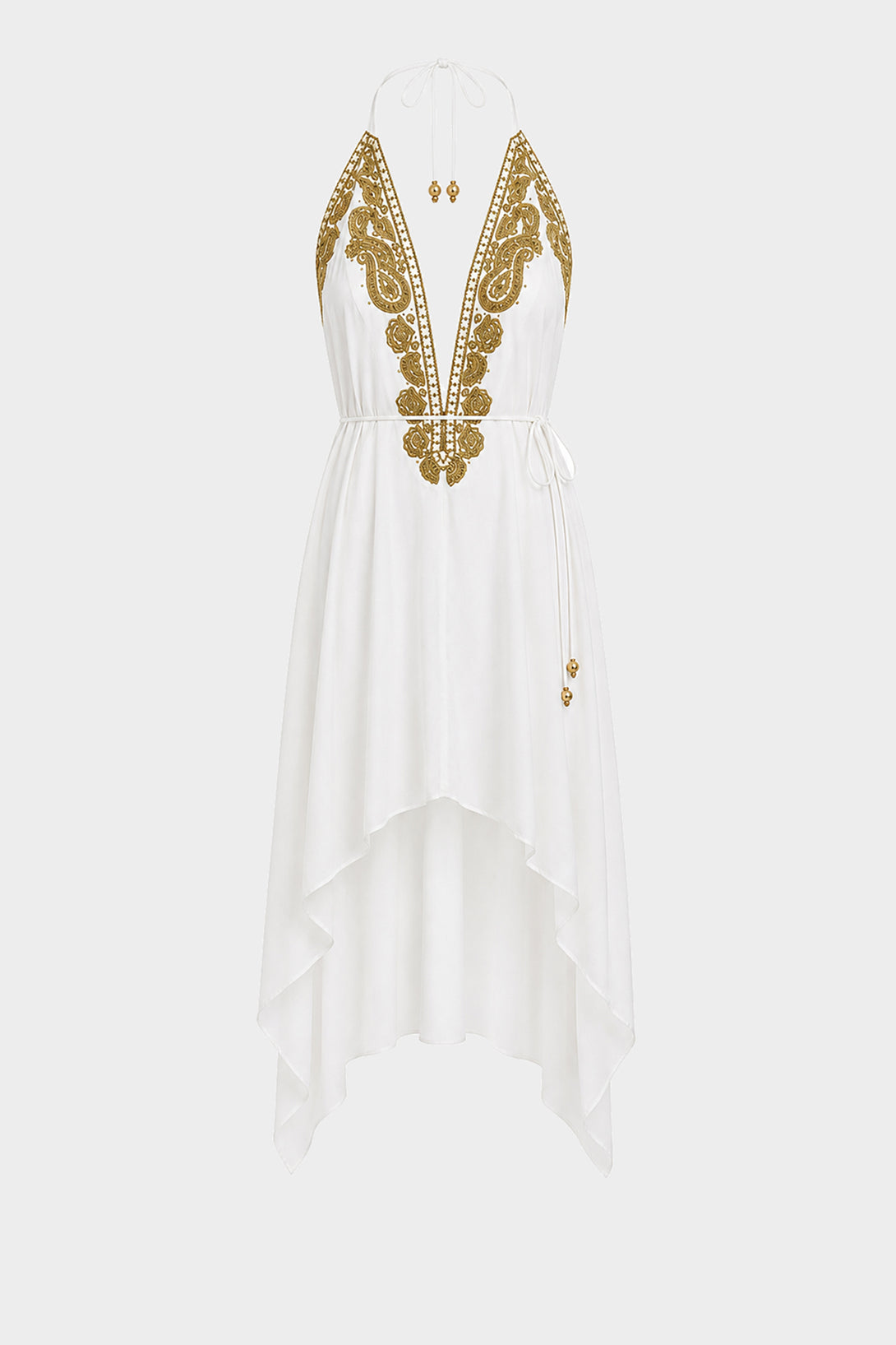 White Gold Embroidered Halter Neck High-Low Maxi Dress – Shahida Parides