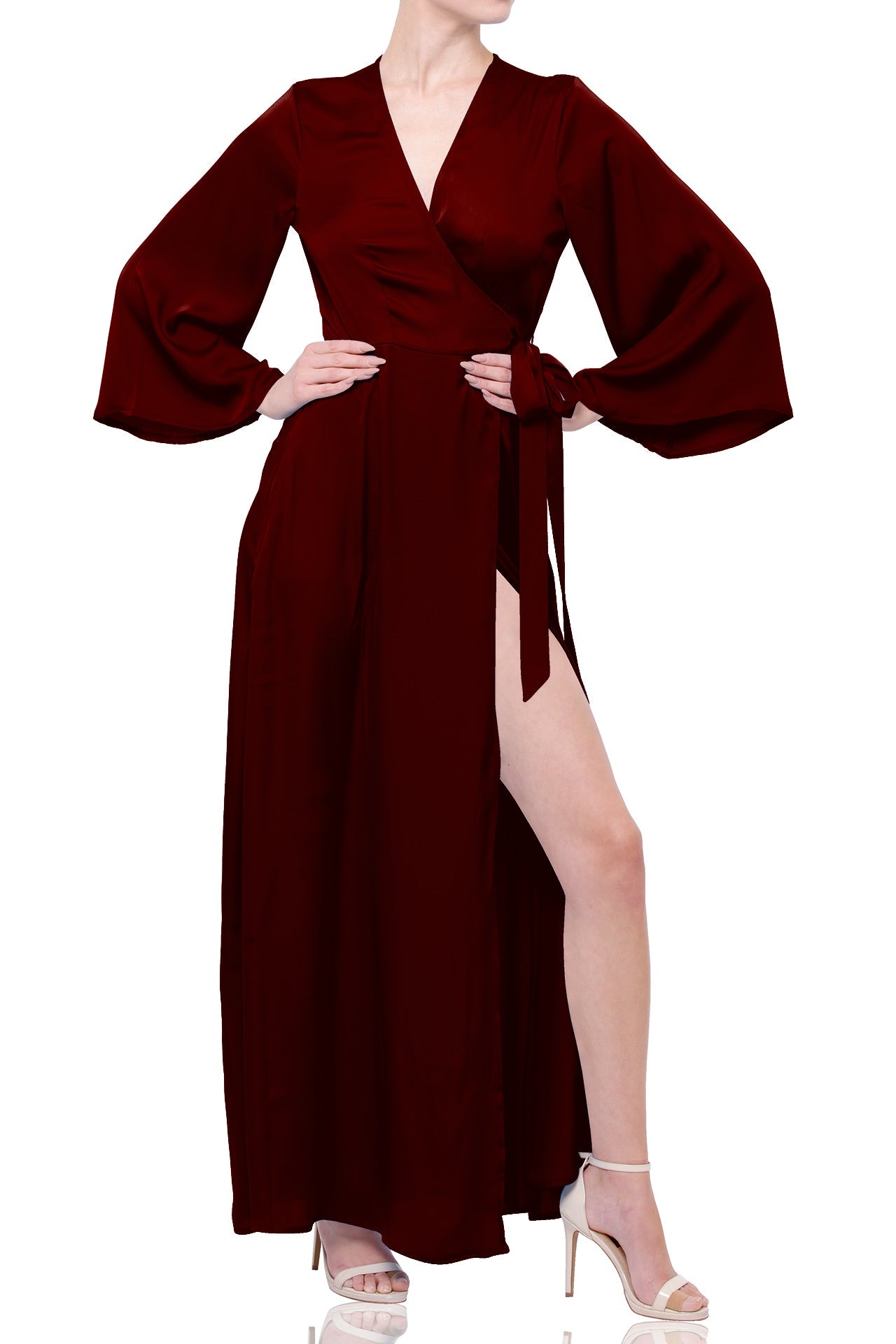 S Wine Satin Wrap Maxi Dress – Elegant Evening & Cocktail Dress