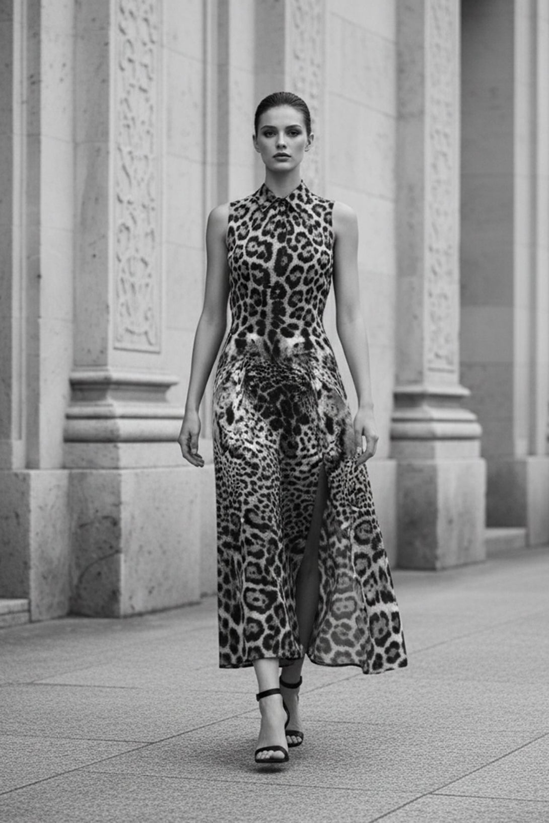 animal print collared maxi dress with flowing hemline, Shahida,
