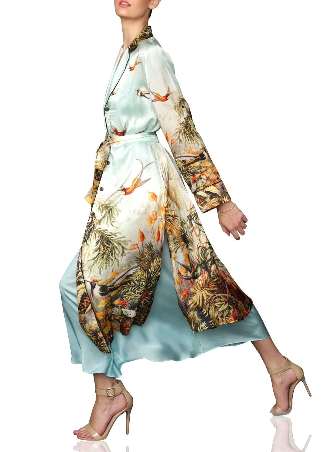 artistic silk robe, couture robe design, nature inspired print, kyle shahida robe