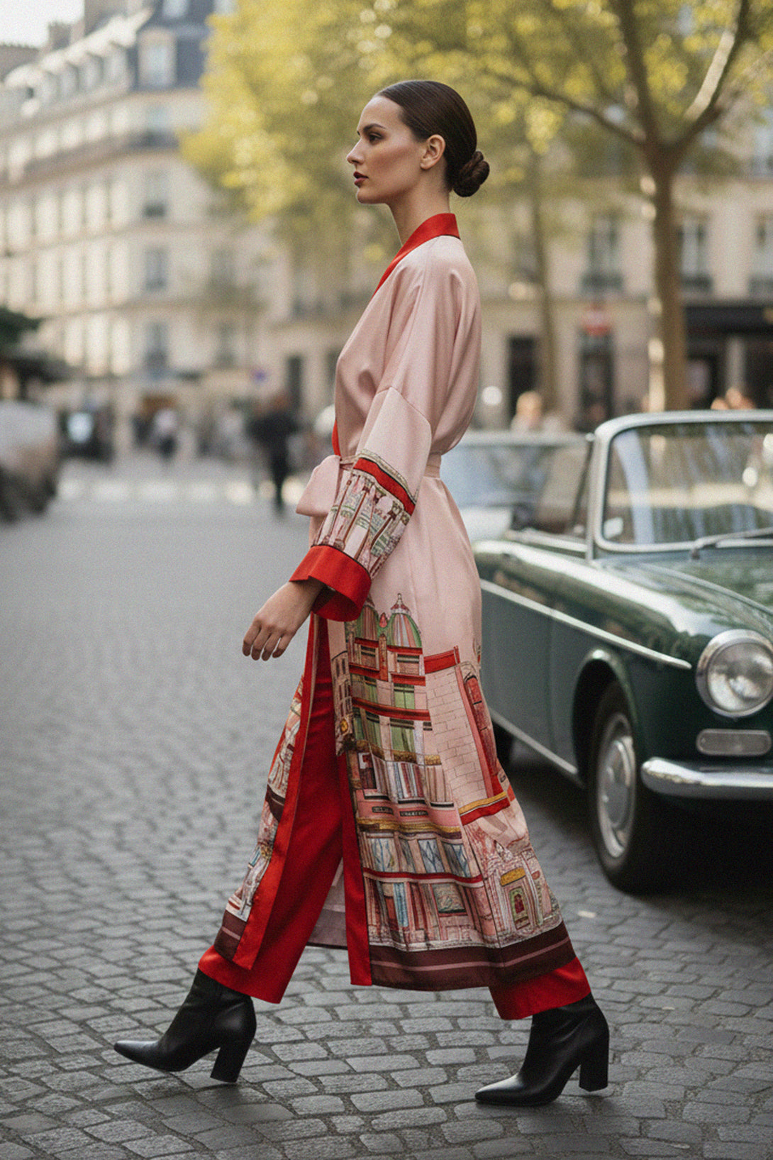 women red kimono dress, silk printed robe, Kyle x Shahida design, elegant midi kimono, stylish silk outfit, luxury robe for women