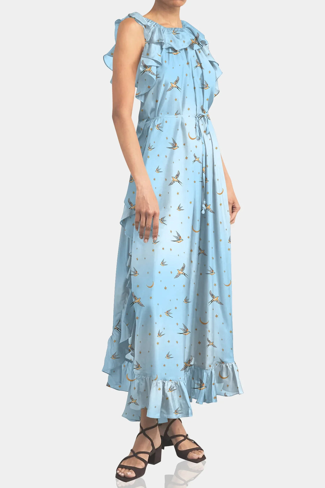 draped ruffle midi dress Small Cascadian Ruffle-Trim Midi Dress