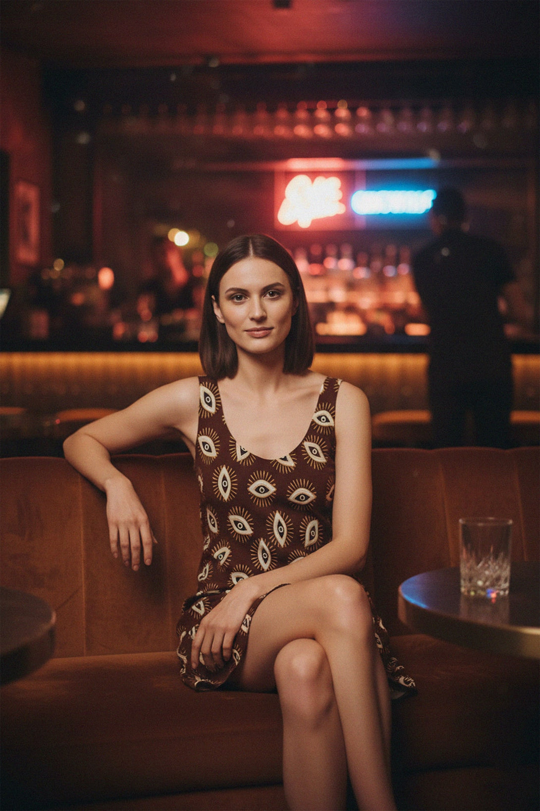 Chic evening outfit combining a brown eye print dress and maroon jacket in a bar interior.