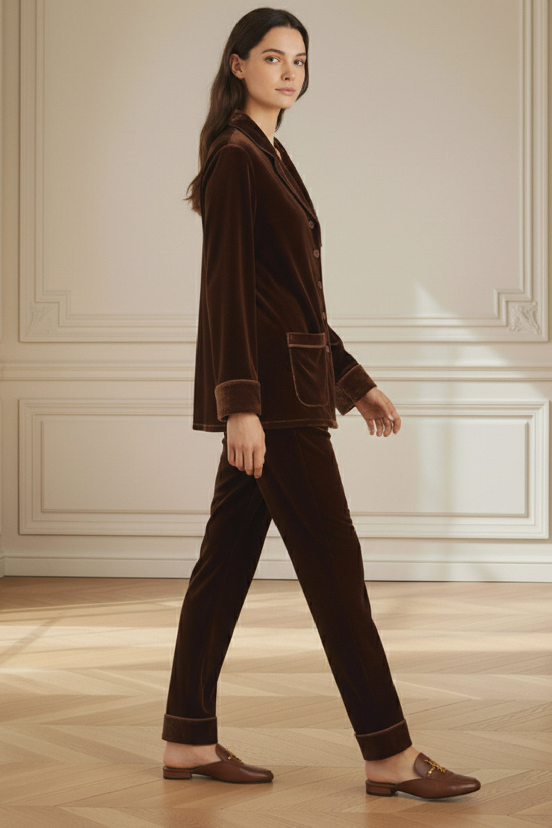 soft brown velvet, right pose model, premium lounge suit, warm pajama set, velvet home outfit