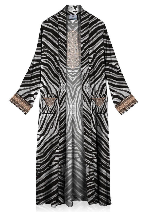 "Shahida Parides" "womens zebra robe" "long kimono silk robe" "kimono silk robe women's" "designer silk robe"
