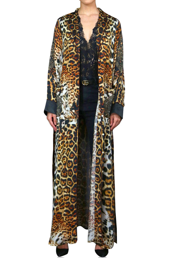 "leopard womens robe" "womens long kimono robe" "womens long kimono robe" "silk robes and kimonos" "robe dress silk" "Shahida Parides" 
