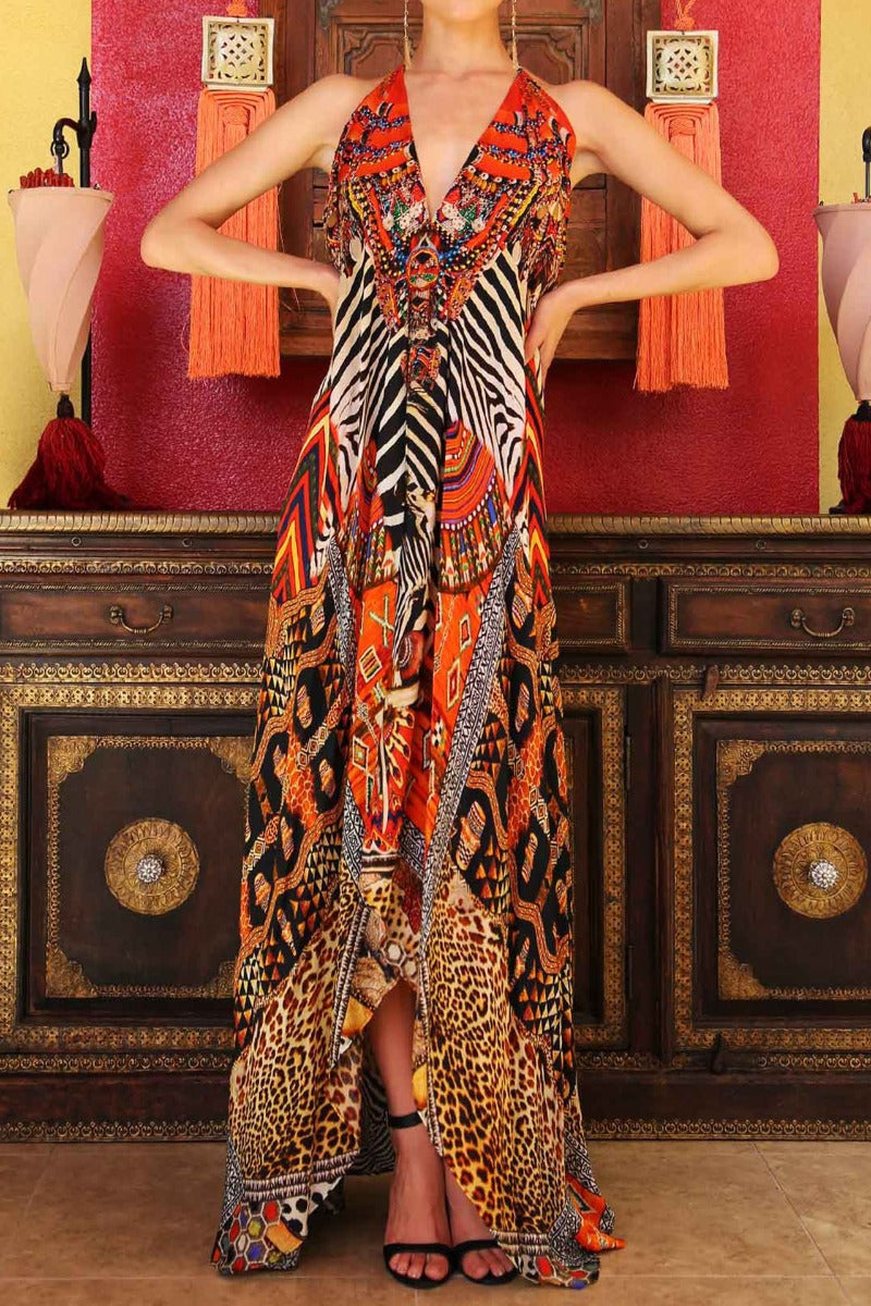  burnt orange maxi, formal dresses for women, Shahida Parides, plunging neckline cocktail dress,