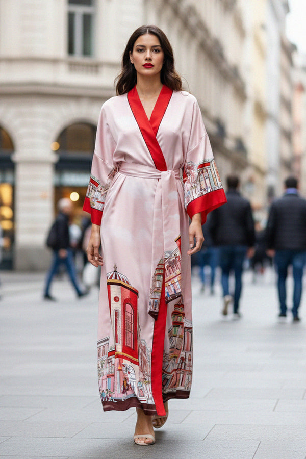 women red silk robe, long kimono style robe, designer printed robe, Kyle Shahida luxury robe, premium silk kimono