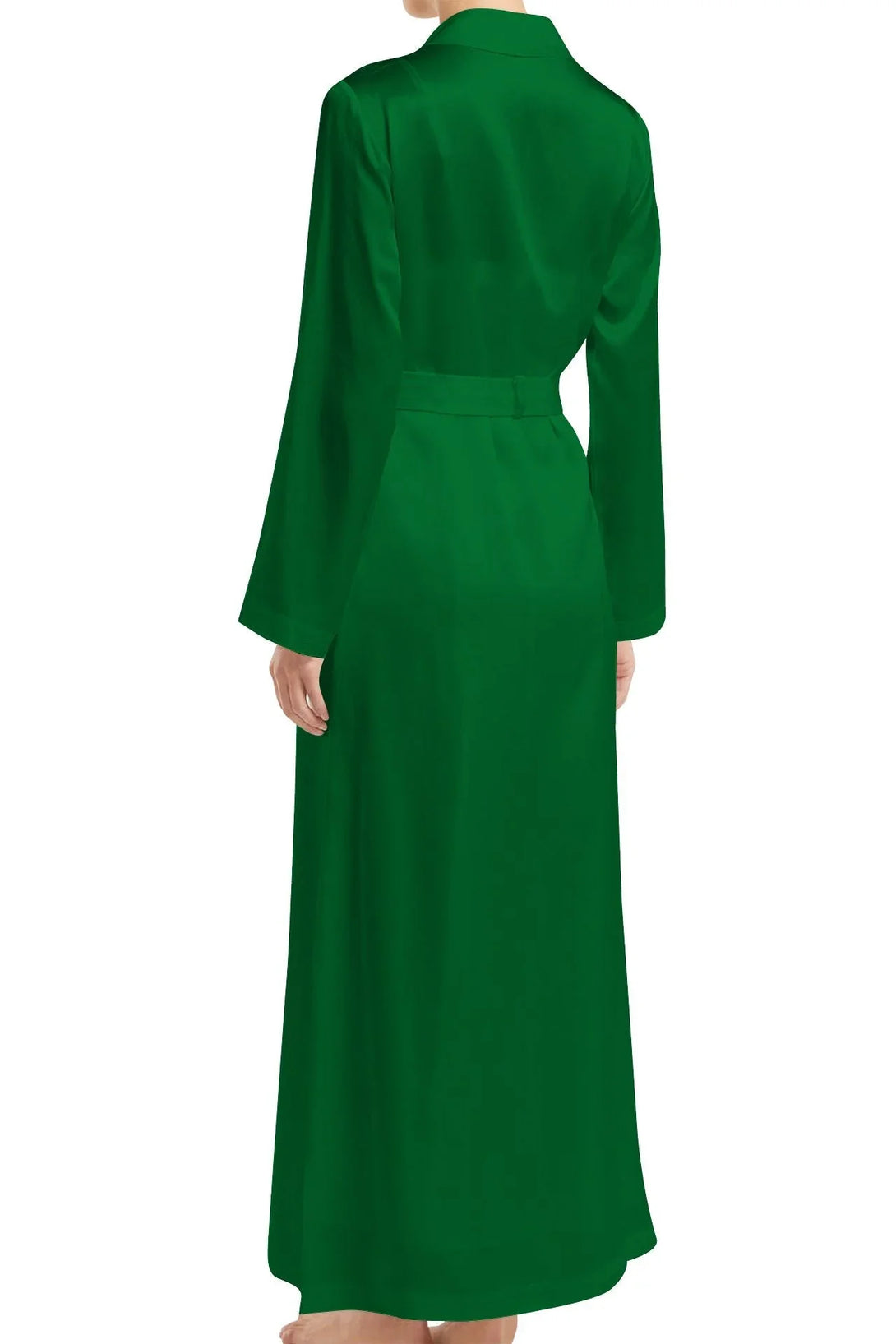 women’s wrap dress, long sleeve gown, Kyle X Shahida, green satin dress, elegant maxi dress, silk wrap style, belted waist design, luxury fashion, formal gown, chic outfit, evening wear, satin elegance