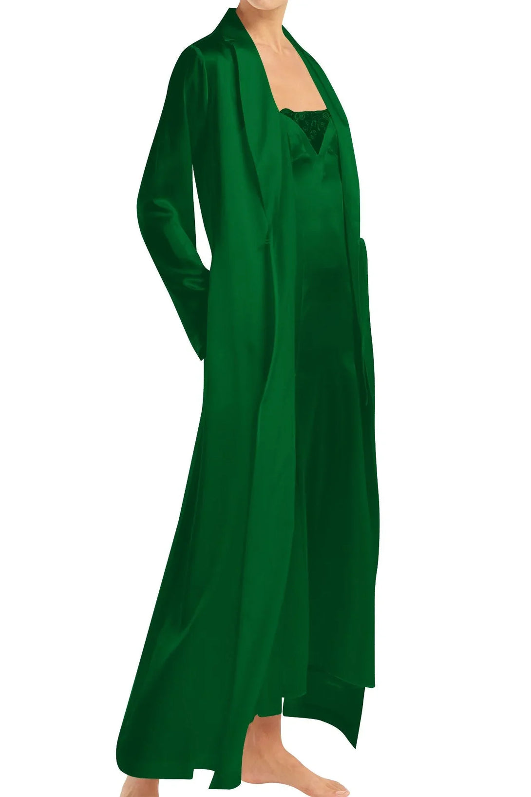 Kyle X Shahida, emerald silk gown, wrap maxi dress, green long dress, luxury fashion, belted waist style, elegant silhouette, evening outfit, satin texture, women’s formalwear, chic fashion, sophisticated look