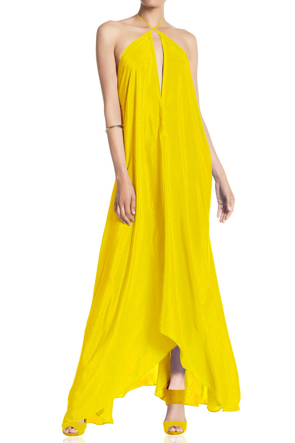  yellow color maxi dress, long silk dress, Shahida Parides, halter maxi dress, long flowy dresses,