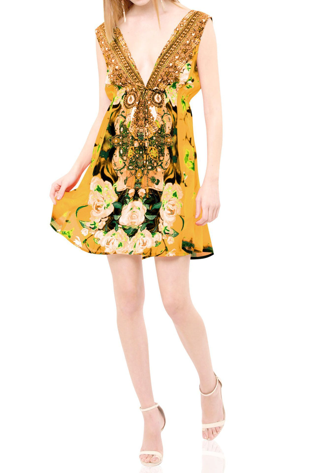  yellow mini dress, mini frock for women, plus size short dresses, Shahida Parides, floral cocktail dress,