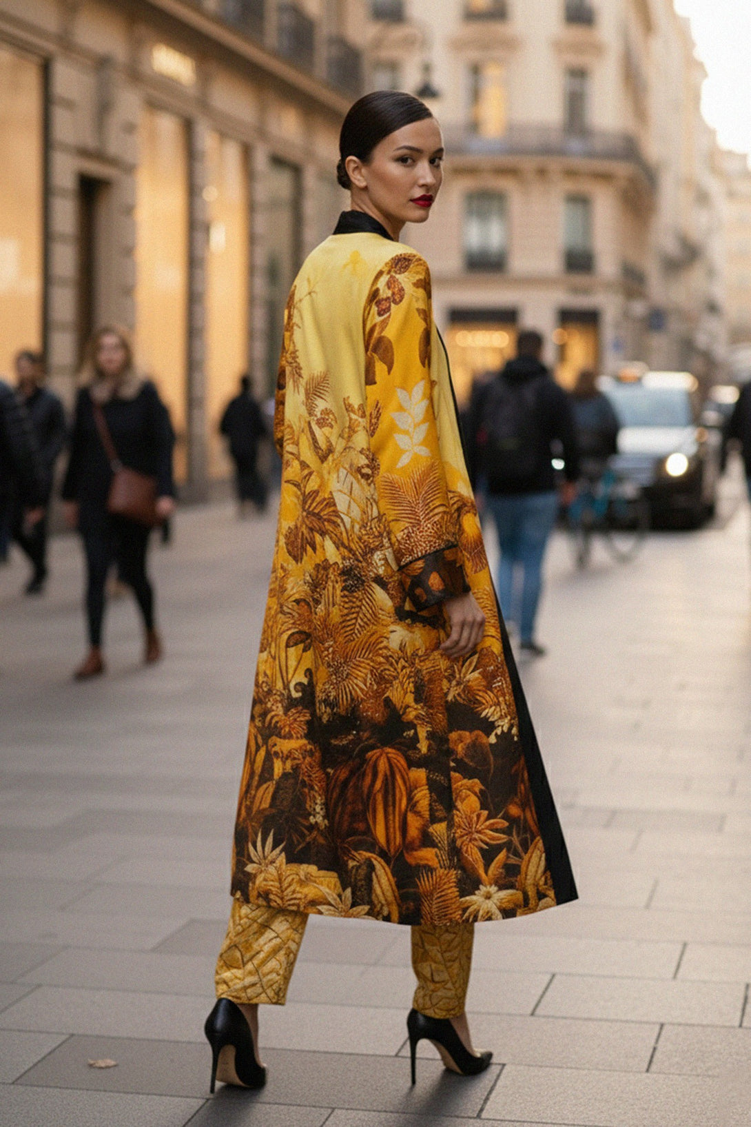 yellow silk kimono, cream slip dress, shahida parides, elegant womens robe, luxury bedroom style, designer womens kimono