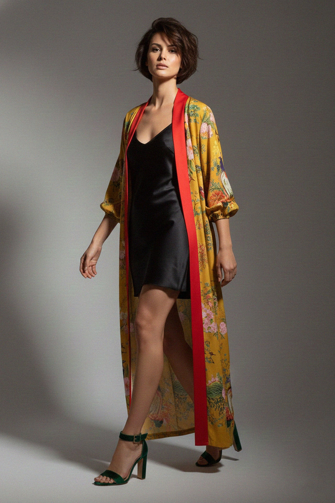 yellow kimono robe, silk layering piece, red trim kimono, floral artwork robe, womens elegant look