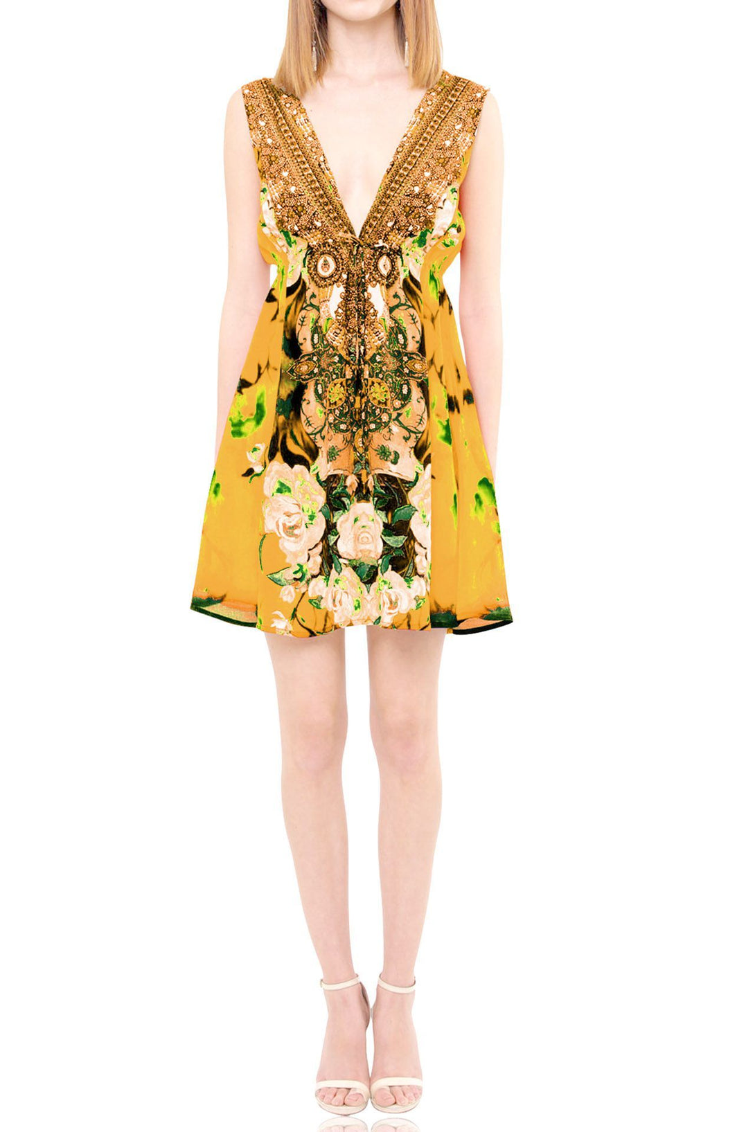  yellow satin mini dress, Shahida Parides, sexy short dresses, short sleeveless dress, floral print dress,