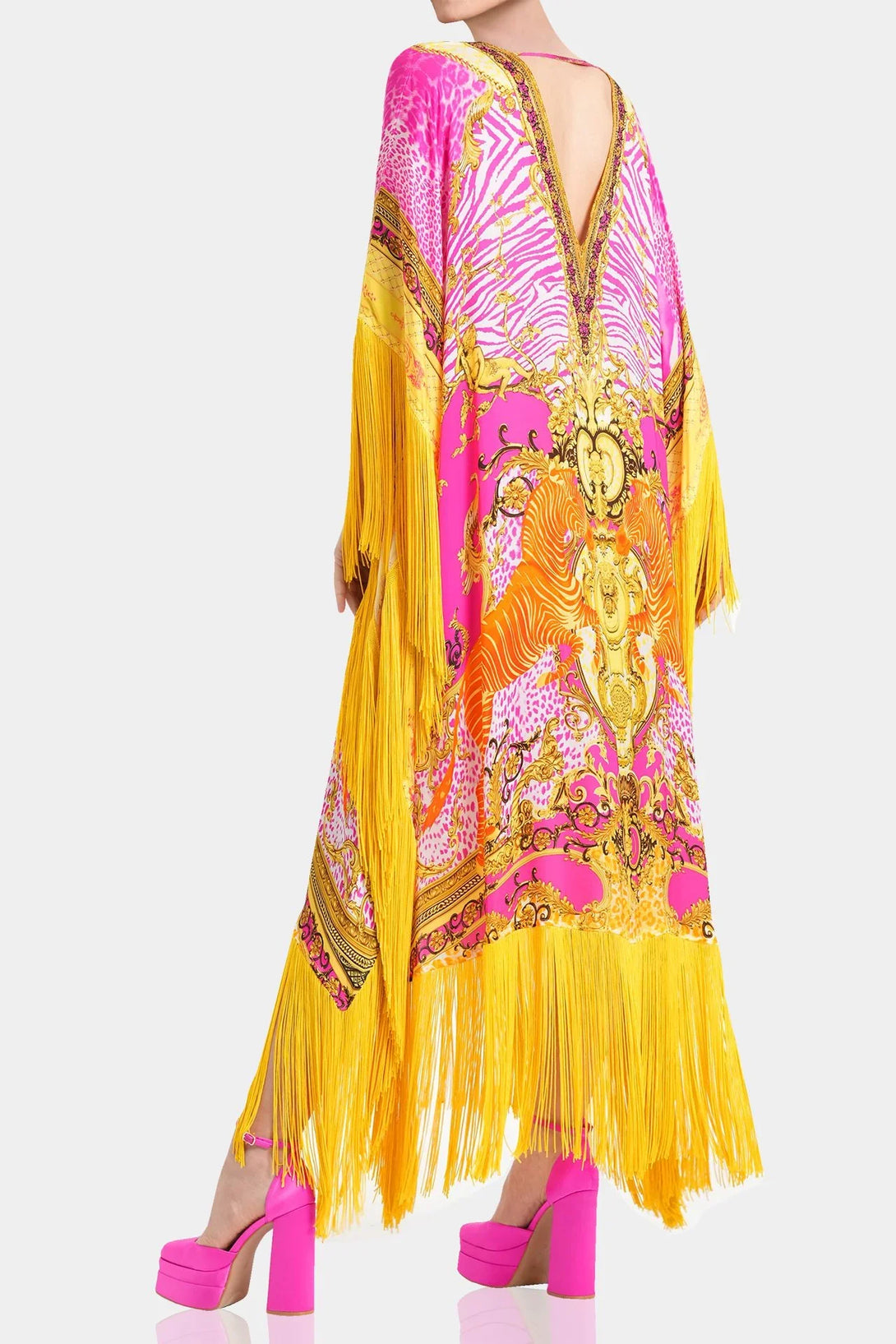 Shahida V-Neck Fringed Satin Kaftan | Fringe Maxi Kaftan | Silk Kaftan Dress ...