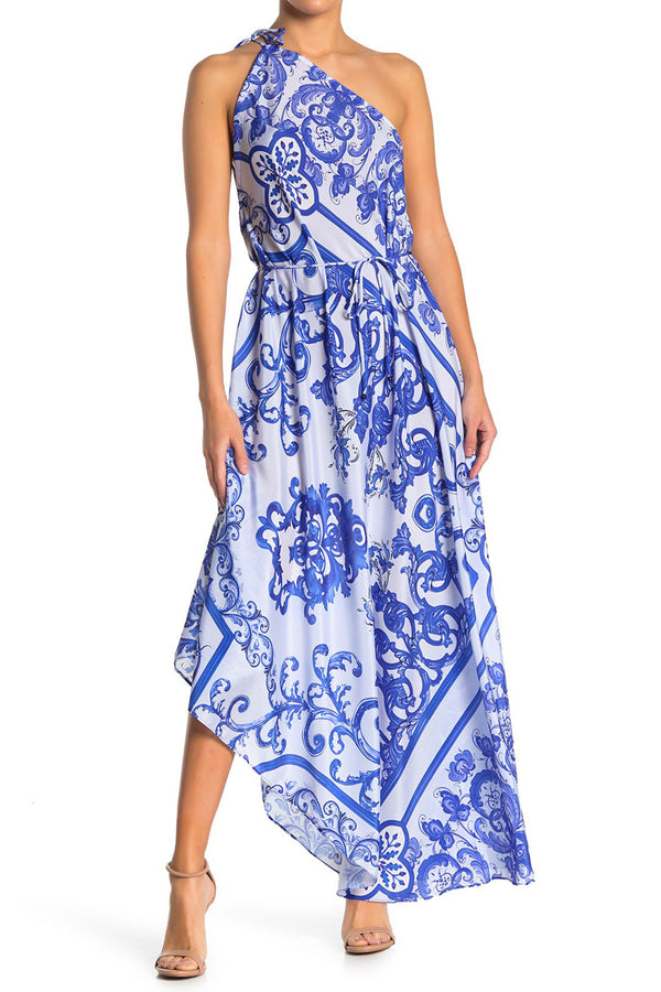 Printed Long Maxi Dress in Blue