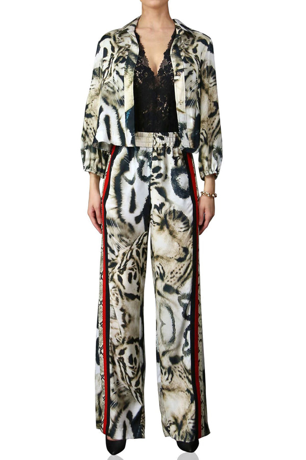 Matching Set in White Tiger Print  Track Suit Cropped Jacket with Pant
