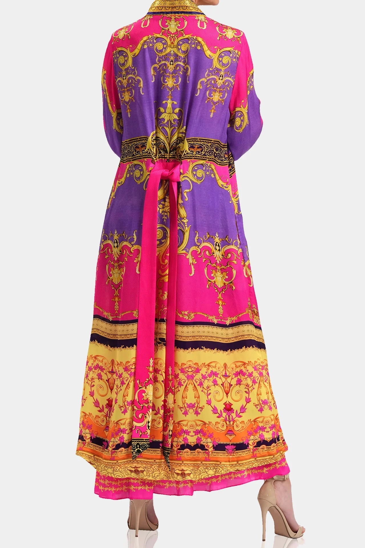 Printed Robe Dress in Pink - Bride Silk Robes | Silk Kimono Robe in ...