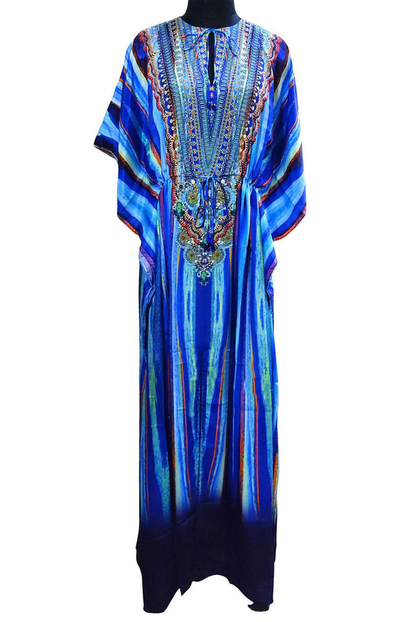 Designer Printed Long Kaftan Dress in Stripe Print Blue