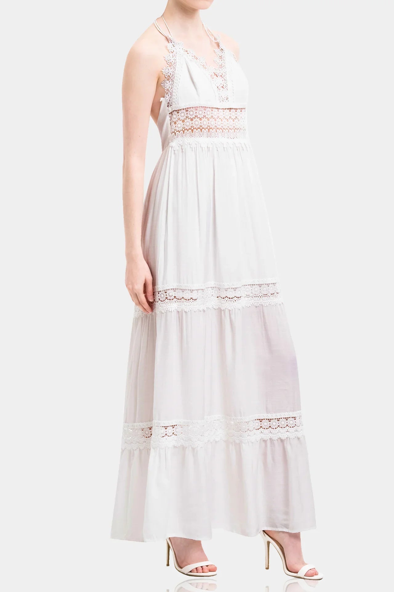 white maxi dress designer Schiffli Maxi length Deep plunging V Vestido Maxi Con Abertura Aria