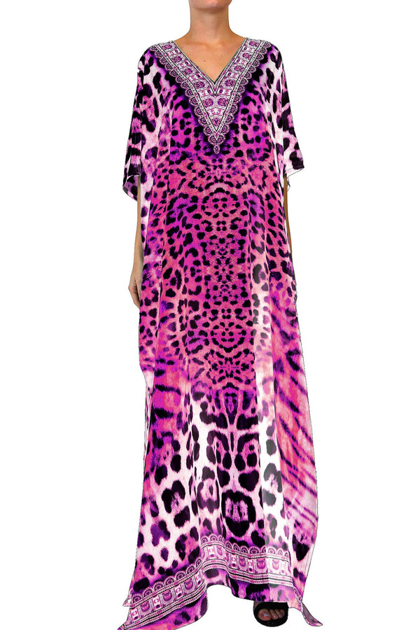 Designer Printed Long Kaftan Dress in Purple Pink