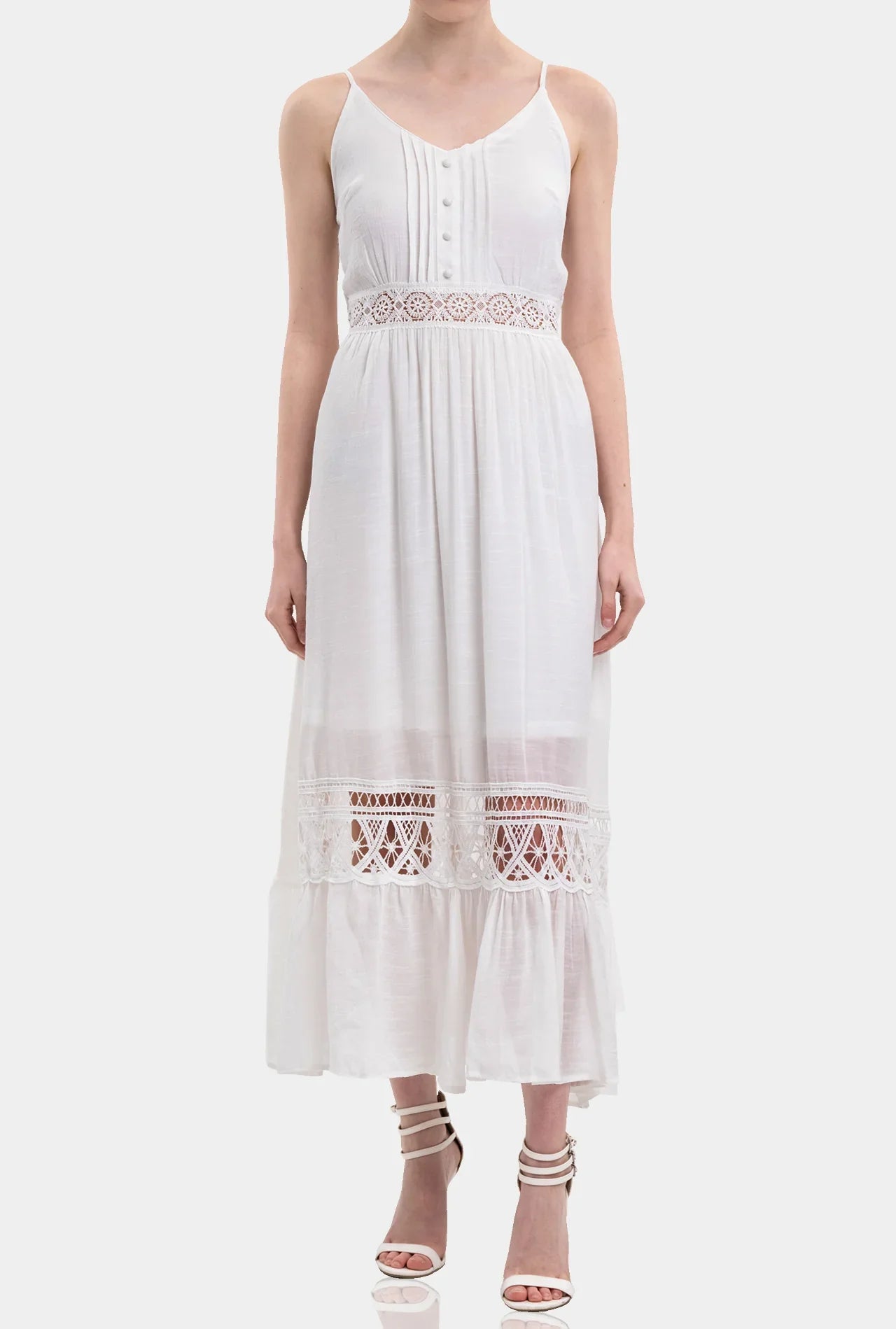 White Voile Cotton Sleeveless Maxi Dress with Guipure Lace