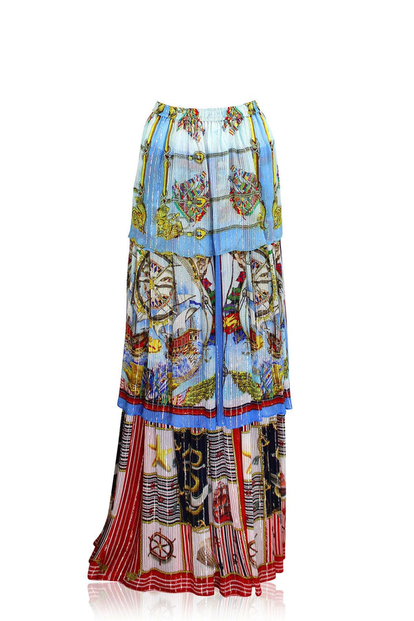 Ruffle Long Maxi Skirt in Nautical Print
