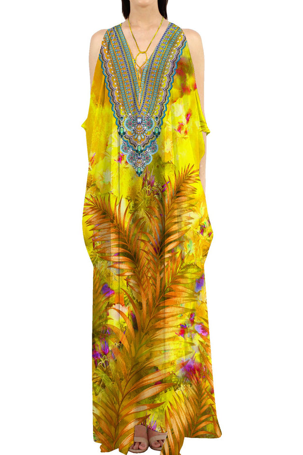 Palm Print Long Kaftan Dress in Yellow