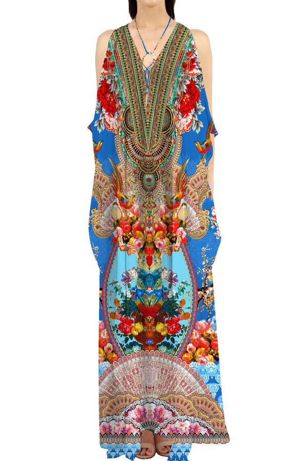 Printed Long Kaftan Dress in Sky Azure