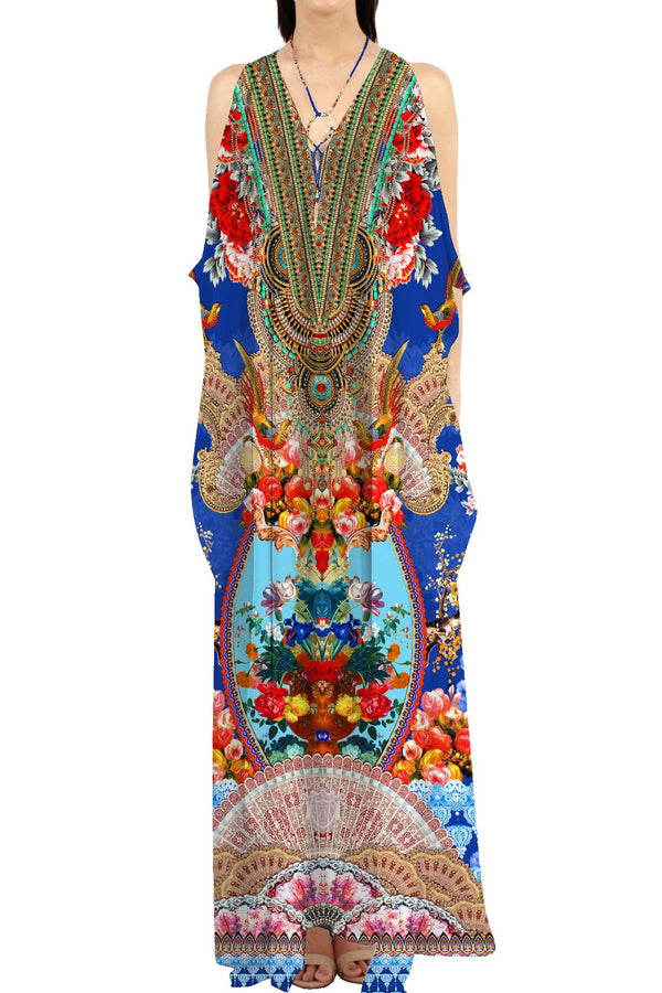 Printed  Long Caftan Dress in Illusion Blue
