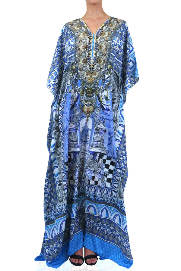 Printed Kaftan Maxi Dress in Dark Blue