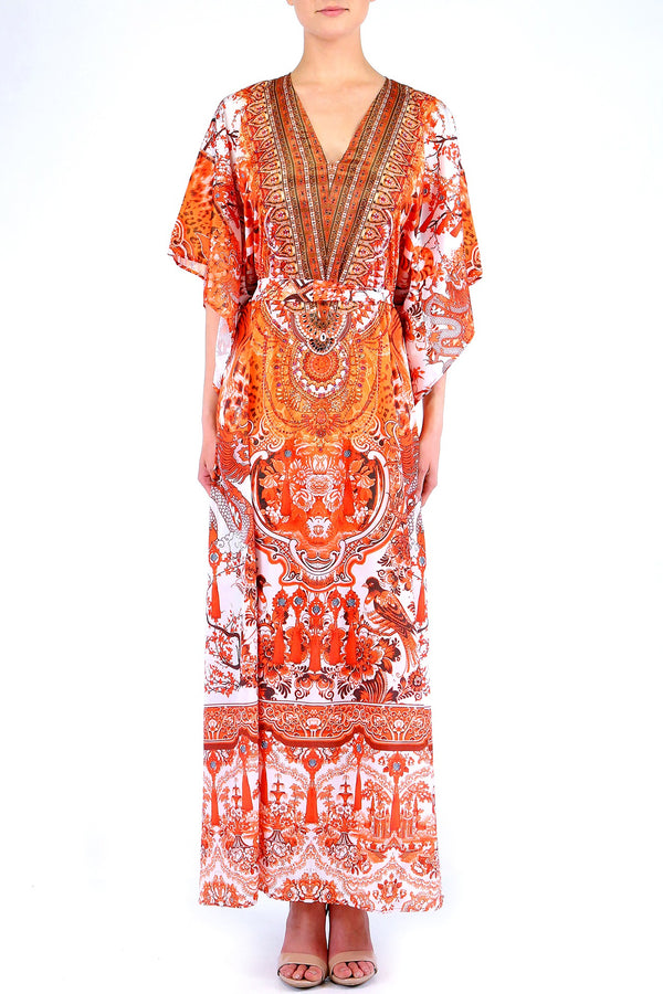 Printed Long Kaftan Maxi Dress in Orange