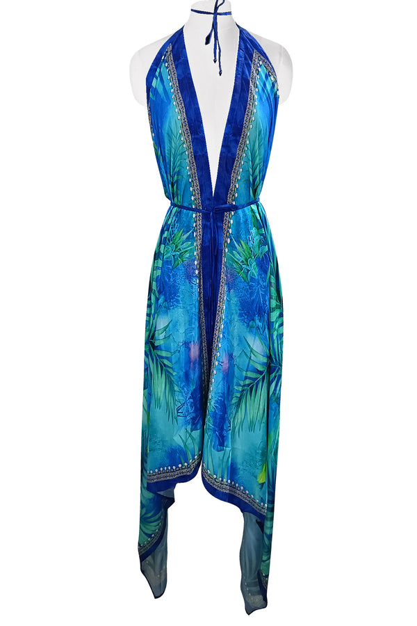 Palm Print Scarf Dress in Blue