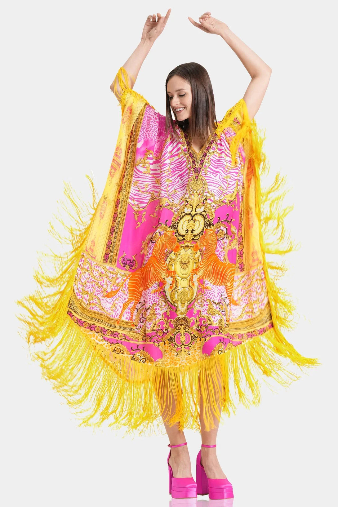 Shahida V-Neck Fringed Satin Kaftan | Fringe Maxi Kaftan | Silk Kaftan Dress ...