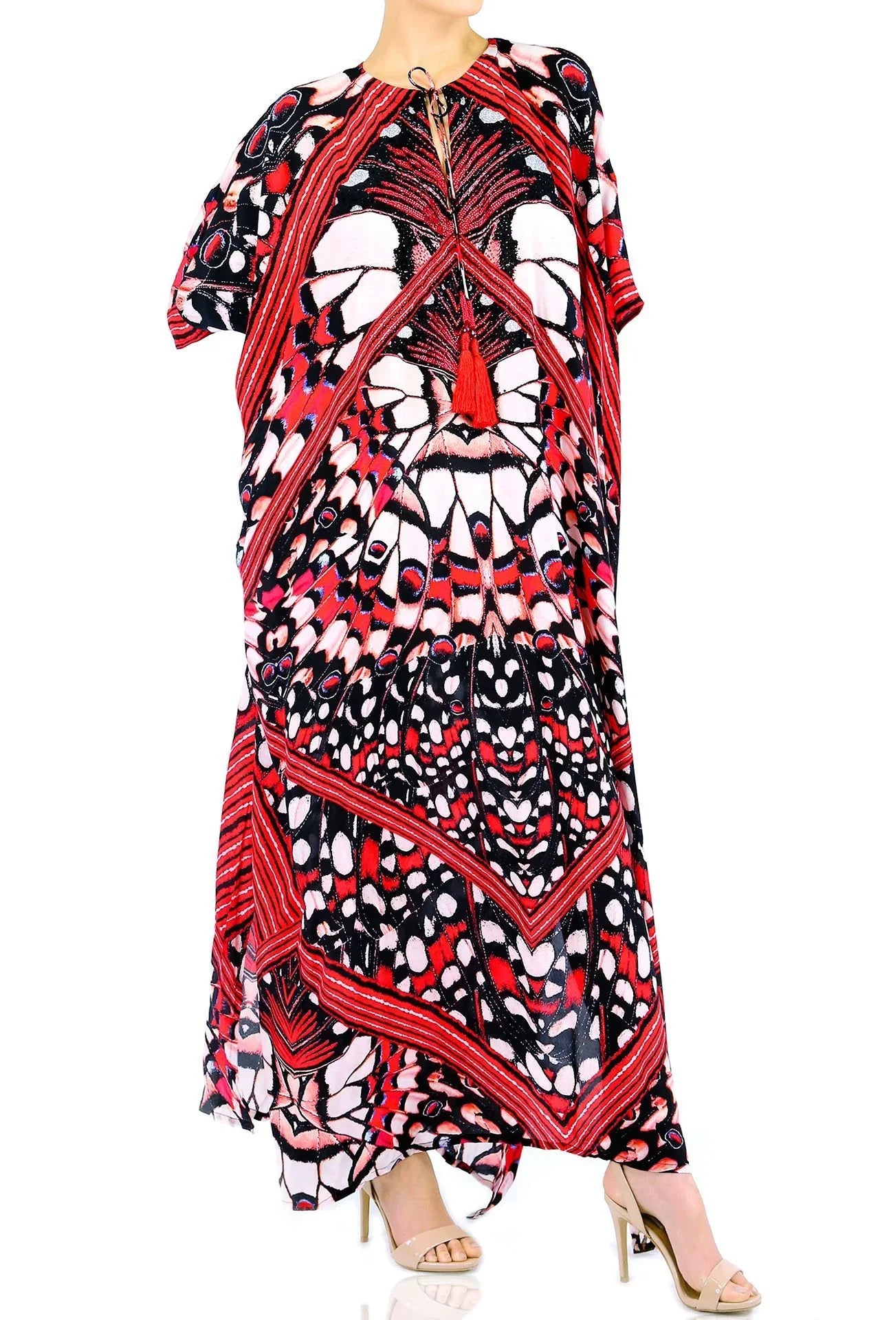 Women's Long Maxi Kaftan Dress - Plus Size Polyester Beach Cover Up With Batwing Sleeves (Rust Red)