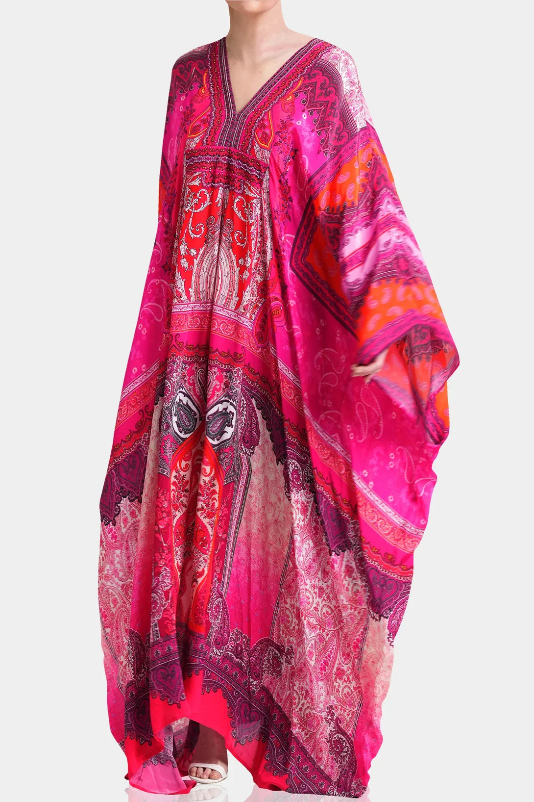 One Size Luxury Silk Statement Kaftan | Pink Printed Resort Kaftan Dress One Size Luxury Silk Statement Kaftan | Pink Printed Resort Kaftan Dress