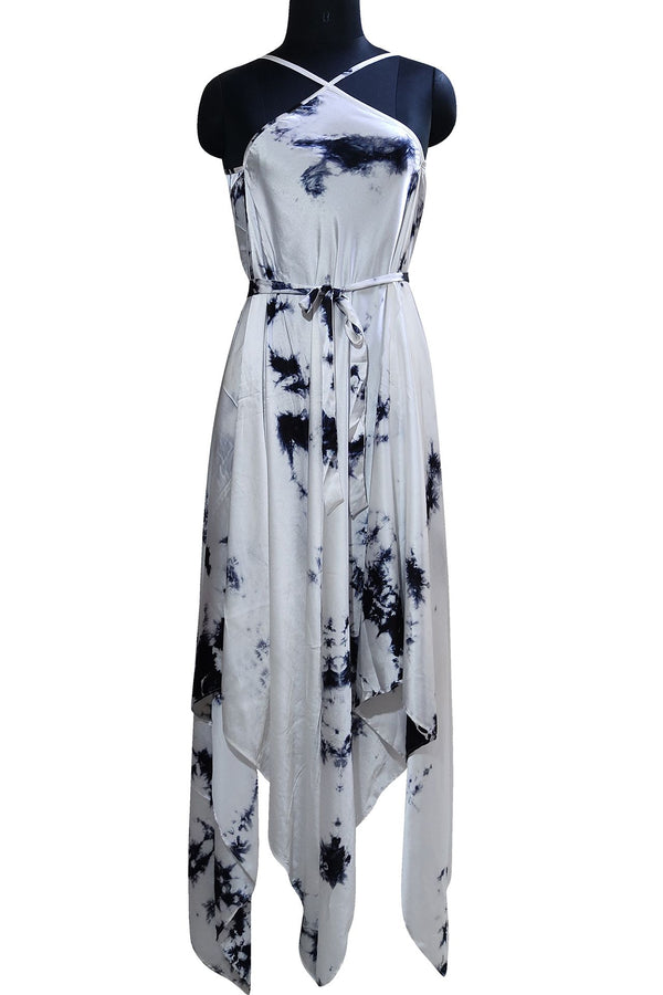 Tie Dye Scarf Dress in Bright White and Black