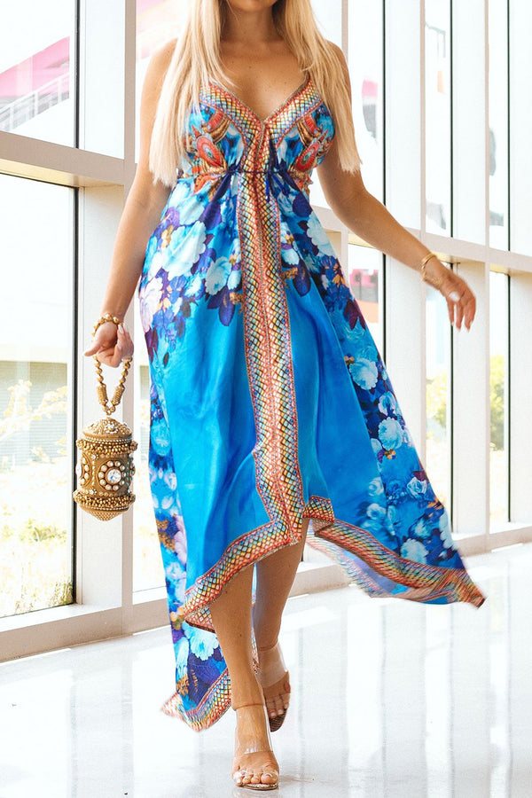 Scarf Dress in Flower Print Azure