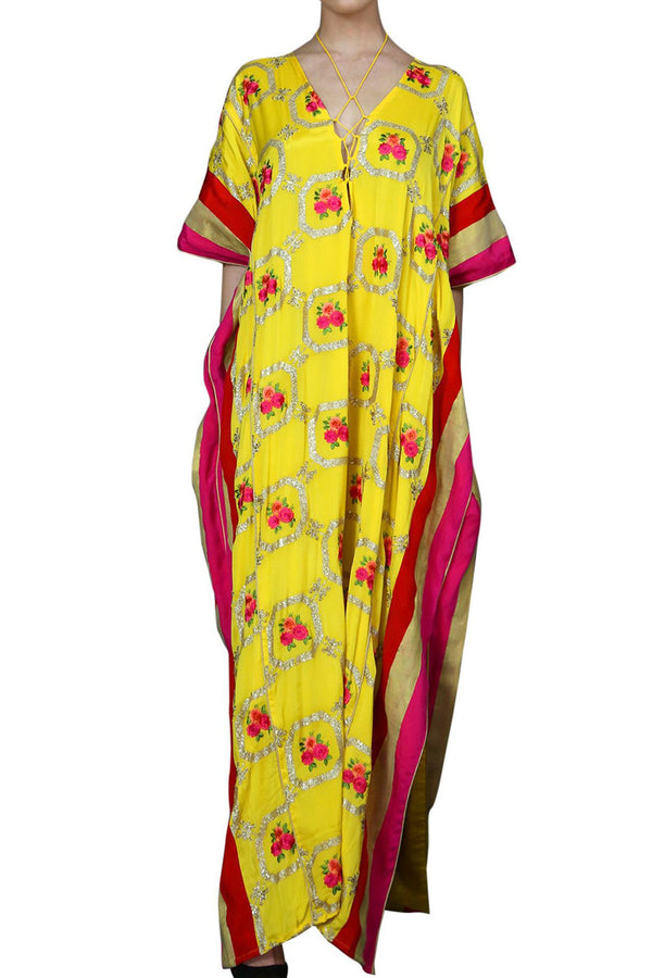 Holiday Lace Up Kaftan Dress in Mellow Yellow