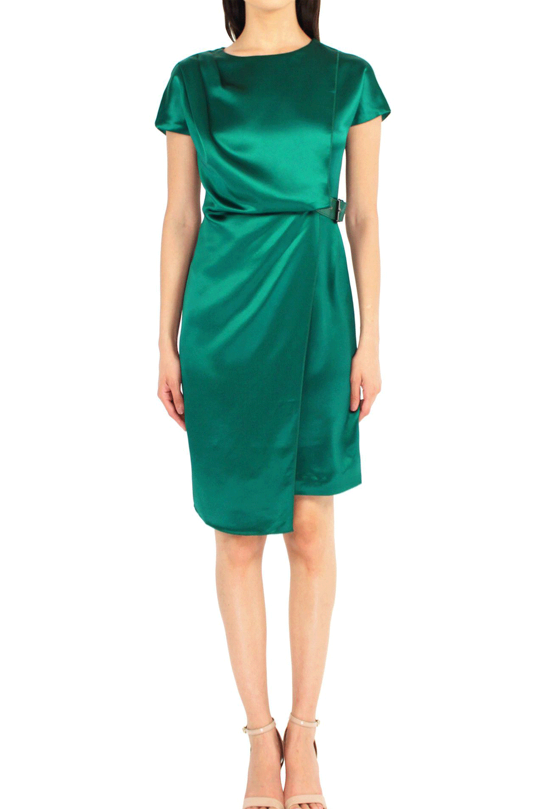 Kyle Shahida dress, belted mini dress, green satin dress, designer mini outfit, chic women’s fashion, luxury satin gown, elegant short dress, evening party wear, modern women’s attire, sophisticated green style