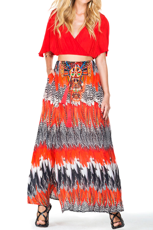 Printed Long Maxi Skirt in Red